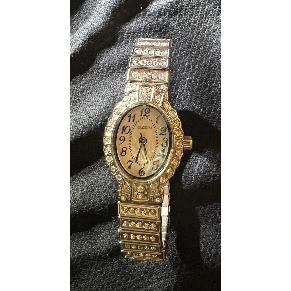 Elgin EG9058 Women's Oval Analog Clear Stone White Dial Stretch Band Bling Watch